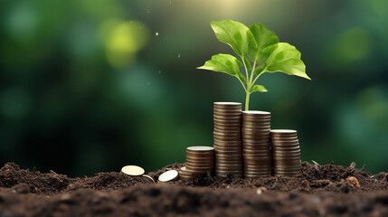 Coins stacked on the soil provide the soil for the tree to grow on. Renewable energy generation is essential for the future. Saving money for the future. Investment Ideas and green business growth. - obrazy, fototapety, plakaty