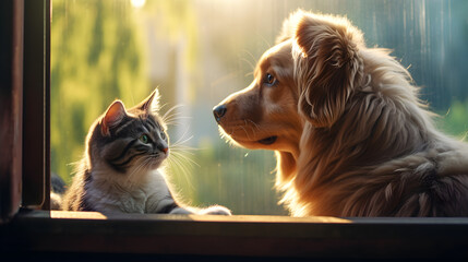 Fototapeta na wymiar Friendship between a dog and a cat sitting by the window