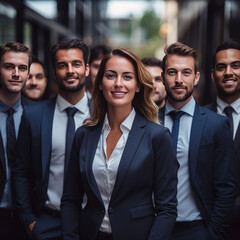 Business Professionals at a Contemporary Office - Teamwork and Success. Portrait of happy businessmen and satisfied businesswomen standing as a team. 
Multiethnic group of people smiling. - obrazy, fototapety, plakaty