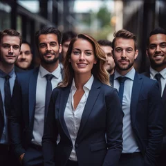 Foto op Plexiglas Business Professionals at a Contemporary Office - Teamwork and Success. Portrait of happy businessmen and satisfied businesswomen standing as a team.  Multiethnic group of people smiling. © charunwit