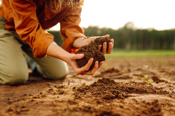 Soil is in the hands of the farmer. Close-up of experienced hands of a farmer woman holding black soil, fertile land, checking its health. Agriculture concept.