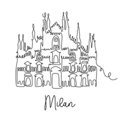 Milan continuous line illustration. Duomo cathedral - symbol of Italian city. World famous place in Milan, Italy. Minimalistic single line vector print.


