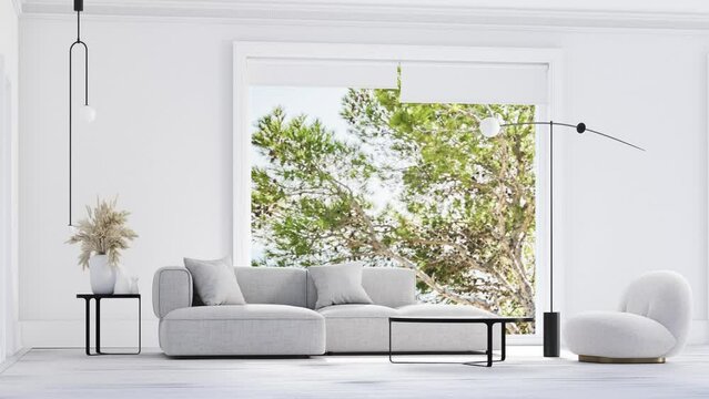 3d Render of Livingroom with all white walls and wood floor. Gray sofa and armchair with black floor lamp. Great window with mediterranean sea view. Natural soft light.