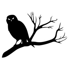 Happy Halloween black silhouette of spooky owl perched on tree branch. Vector illustration isolated on white background. Simple flat style graphic. Concept digital art, hand drawn. Clip-art. 