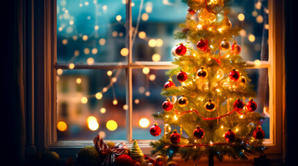 Fototapeta na wymiar Decorated christmas tree in front of window with view of the outside.