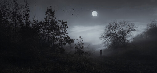 halloween night landscape with man walking under moon light
