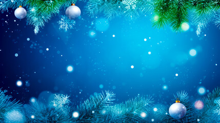 Fototapeta na wymiar Blue christmas background with snowflakes and baubles on fir tree.