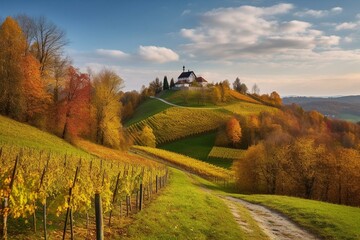 Obraz premium Scenic vineyard in South Styria near Gamlitz, featuring grape hills and autumn colors in Eckberg, a famous tourist spot. Located in Styria, Austria's Gamlitz district, Leibnitz. Europe. Generative AI