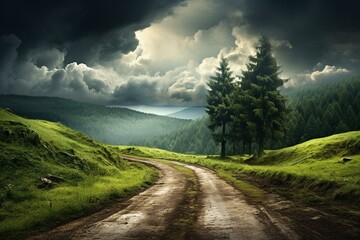 Solitary road among lush woods and cloudy sky. Generative AI