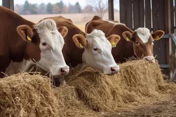 Türaufkleber Cows eating hay on farm © Алена Ваторина