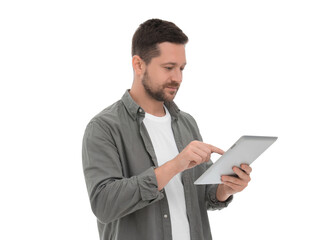 Handsome man using tablet on white background