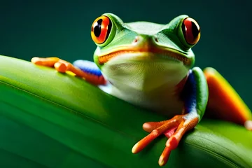 Poster close-up of a red-eyed tree frog, emphasizing its vibrant green body and striking red eyes © Izhar
