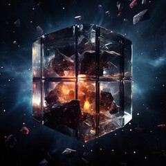  「異次元の光」

説明文： 宇宙空間に漂う、神秘的なクリスタルのキューブが、鮮やかな光を放っています。このキューブに閉じ込められたエネルギーは、異次元の力を象徴しており、その輝きは宇宙全体に広がり、無限の可能性を感じさせます。
