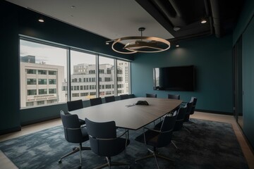 A meeting space in a modern office building located in the downtown area. Generative AI