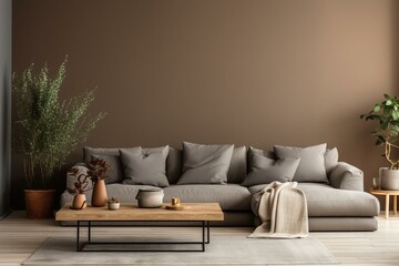 Contemporary living space, with gray walls, wooden floor, brown couch, cushions, and coffee table. Generative AI