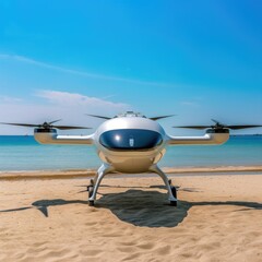aero-taxi prototype landed on a beach in a clear day