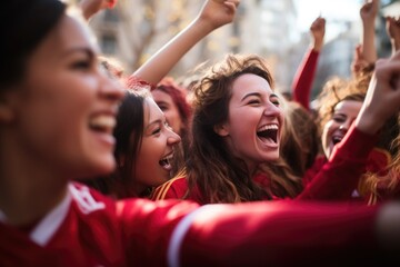 Equipo femenino de futbol celebrando la victoria en el campo de juego - obrazy, fototapety, plakaty