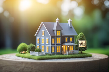 Illustration eines Miniatur-Modellhauses mit Verkaufsschild als Symbol für den Immobilienhandel.