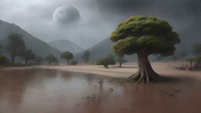 misty morning in the forest, the first day of the flood