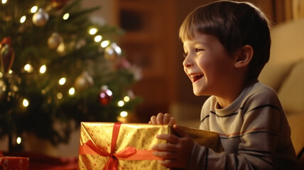 Fototapeta na wymiar Happy child opening a Christmas gift under Xmas tree