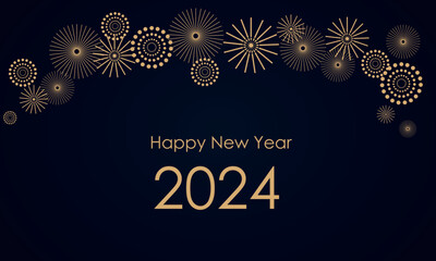 Vector illustration with fireworks and balloons on a dark background, text "Happy New Year 2024". Flat design. Holiday celebration, greeting card, poster, banner, flyer