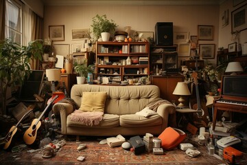 Chaotic living room. Generative AI