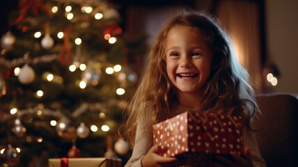 Obraz na płótnie Canvas Happy child opening a Christmas gift under Xmas tree