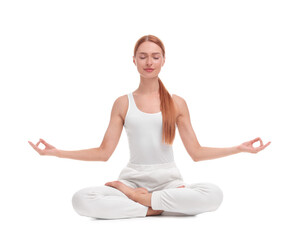 Fototapeta premium Beautiful young woman practicing yoga on white background. Lotus pose
