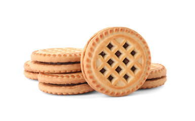 Tasty sandwich cookies with cream isolated on white