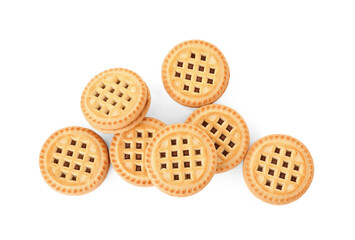 Tasty sandwich cookies with cream isolated on white, top view