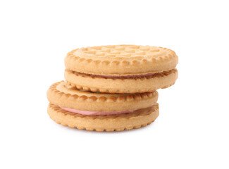 Tasty sandwich cookies with cream isolated on white
