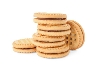 Tasty sandwich cookies with cream isolated on white