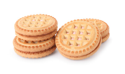 Tasty sandwich cookies with cream isolated on white