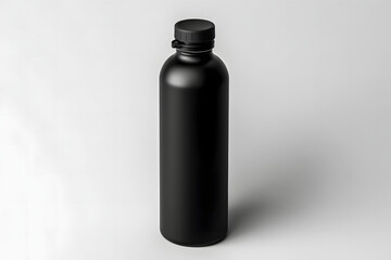 Mockup of a black plastic bottle on a white background.