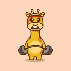 Cute Giraffe Character Lifting Weights Cartoon Vector Illustration.