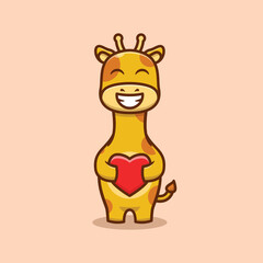 Cute Giraffe Holding Heart Character Cartoon Vector Illustration.