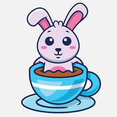 Cute Rabbit In A Cup Of Coffee Vector Cartoon Illustration