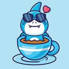 Cute Shark In A Cup Of Coffee Vector Cartoon Illustration