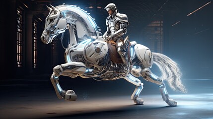 Model on a robotic steed, illustrating a fusion of ancient and futuristic, set in a digital arena