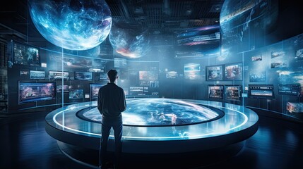 Model surrounded by floating digital screens, showcasing a command center feel, set in a tech hub