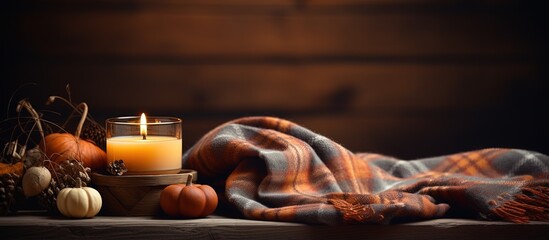 Close up of a cozy autumn composition with candles mini pumpkins and a warm knitted plaid on a wooden windowsill creating a dark and low key atmosphere in a cozy home Fall colors add to the - obrazy, fototapety, plakaty