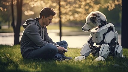 Model with a robotic pet, emphasizing companionship in a technological age, set in a modern park
