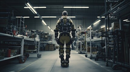 Model with an exoskeleton, emphasizing strength augmentation, in a military tech facility