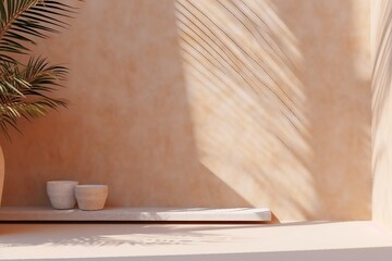 Minimal product placement background with palm shadow on beige plaster wall. Luxury summer architecture interior aesthetic. generative ai.