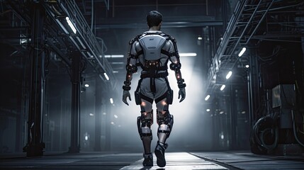 Fototapeta na wymiar Model with an exoskeleton, emphasizing strength augmentation, in a military tech facility