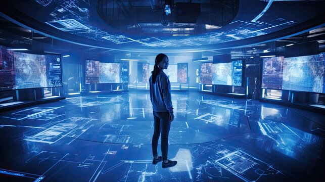 Model surrounded by floating digital screens, showcasing a command center feel, set in a tech hub