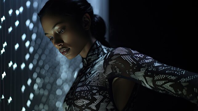 Model with digital patterns projected onto skin, representing a cyber-human, set in a dark room with servers