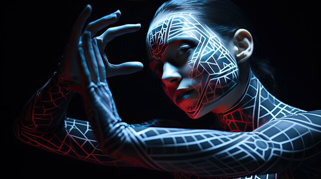 Model with digital patterns projected onto skin, representing a cyber-human, set in a dark room with servers