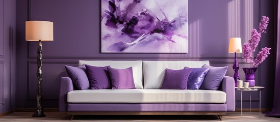 Actual picture of a chic hotel apartment s modern interior with a purple hue