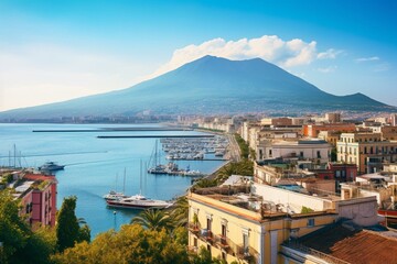Scenic view of Naples, Italy with Mount Vesuvius in the distance. Generative AI